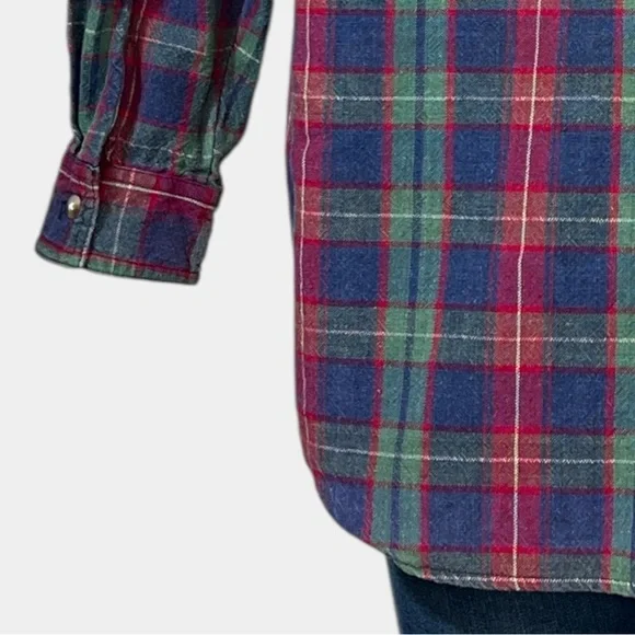 Vintage NorthCrest Plaid Distressed Flannel Mens LARGE Pocket Fall Button Shirt - Picture 4 of 8